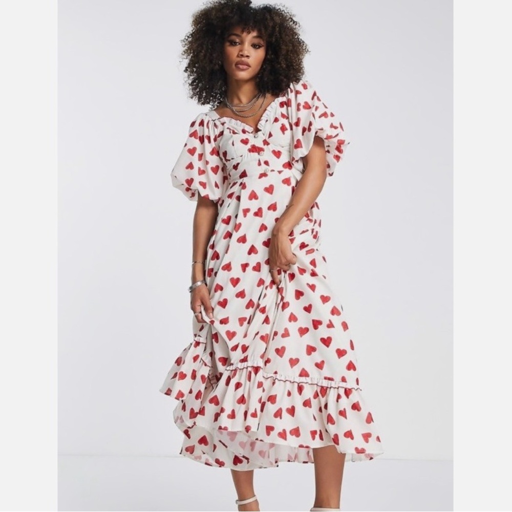 Sister Jane NEW Amore Sweetheart Puff Sleeve Maxi Dress NWT Red Hearts XS